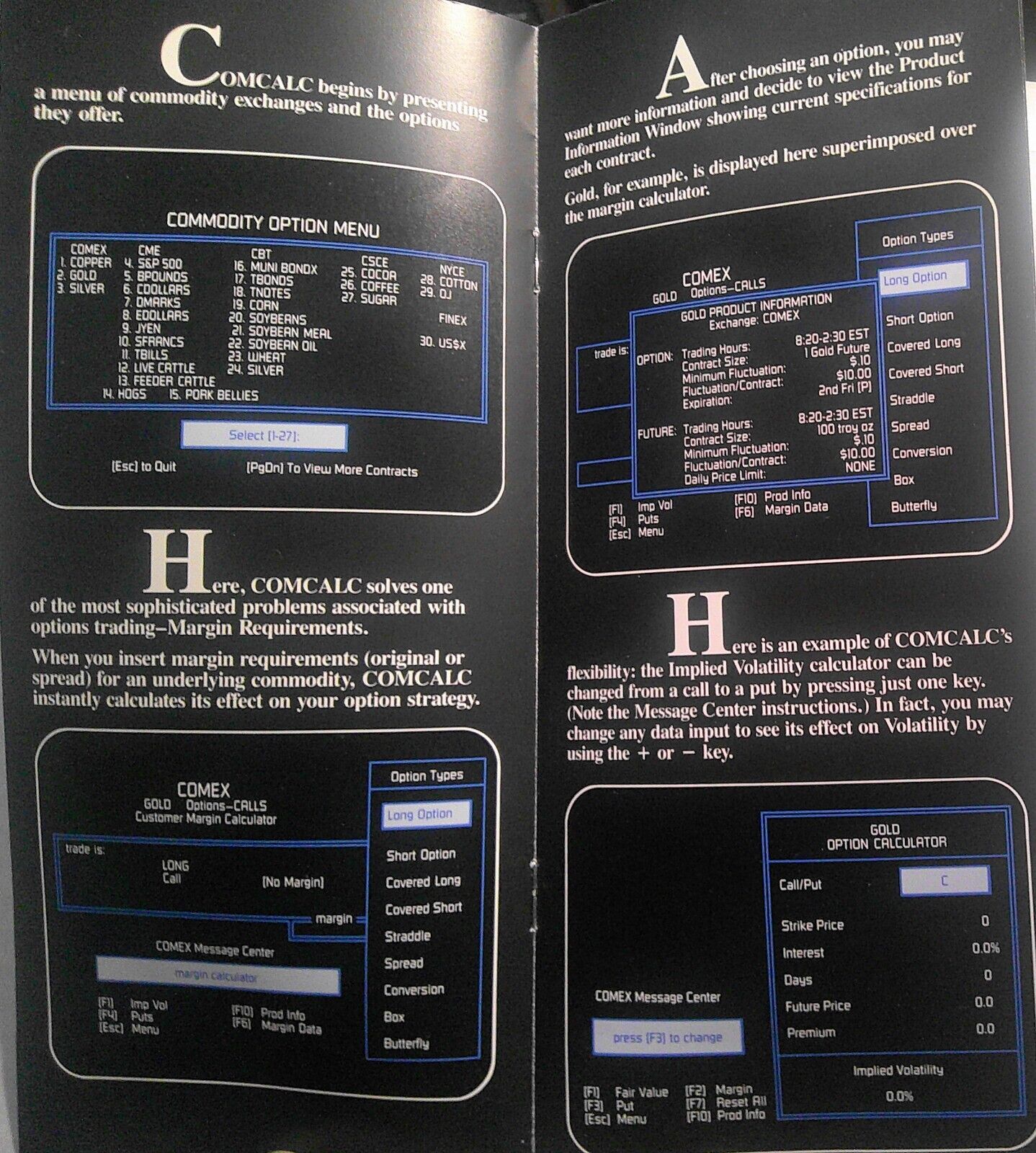 Comex COMCALC software brochure [1987] - Commodity Options Calculator for IBM PC