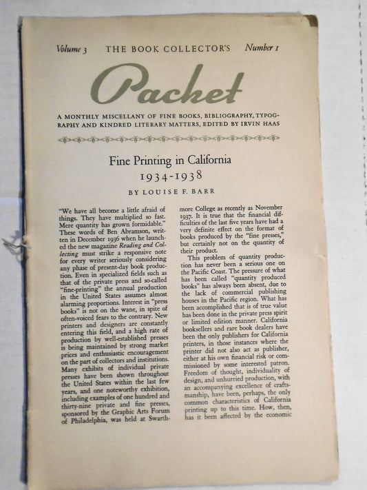 Book Collector's Packet, September 1938 - Fine Printing in California 1934-1938