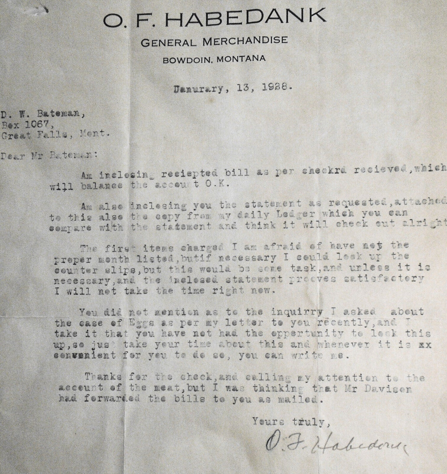 1928 O. F. Habedank, Bowdoin, MT Signed letter - General Merchandise