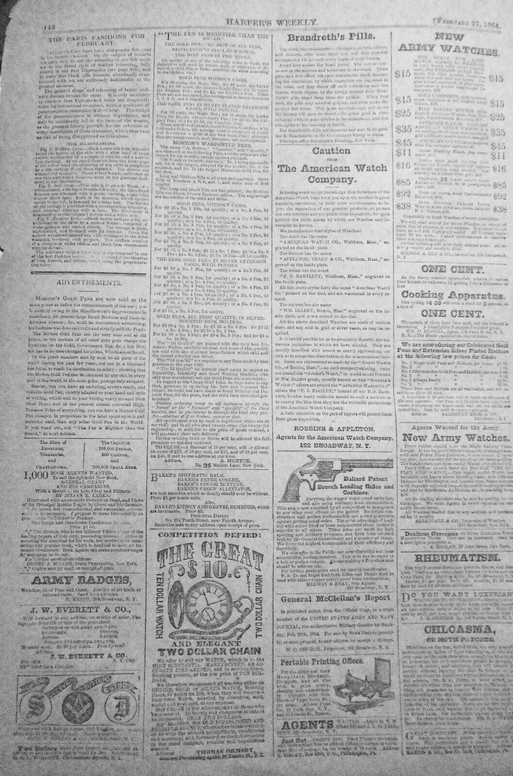 Harper's Weekly February 27, 1864. Original Issue. Civil War, Colt's Armory etc
