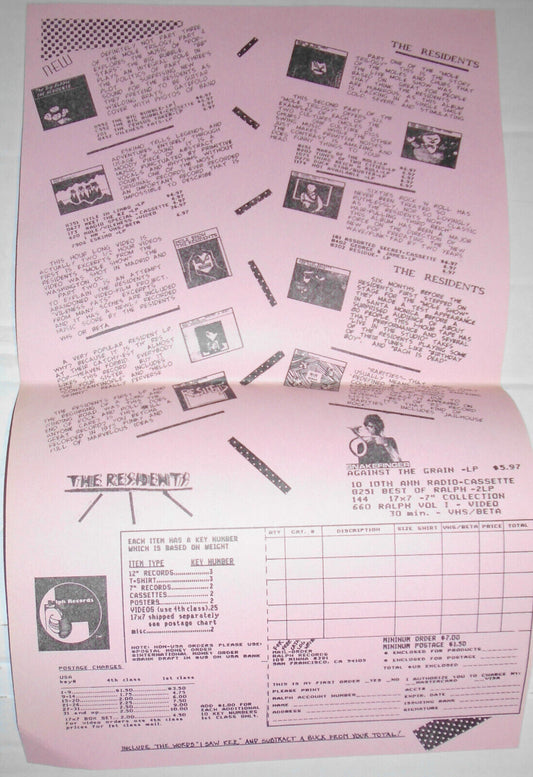 Ralph Records Order Form for The Residents. 1980s.