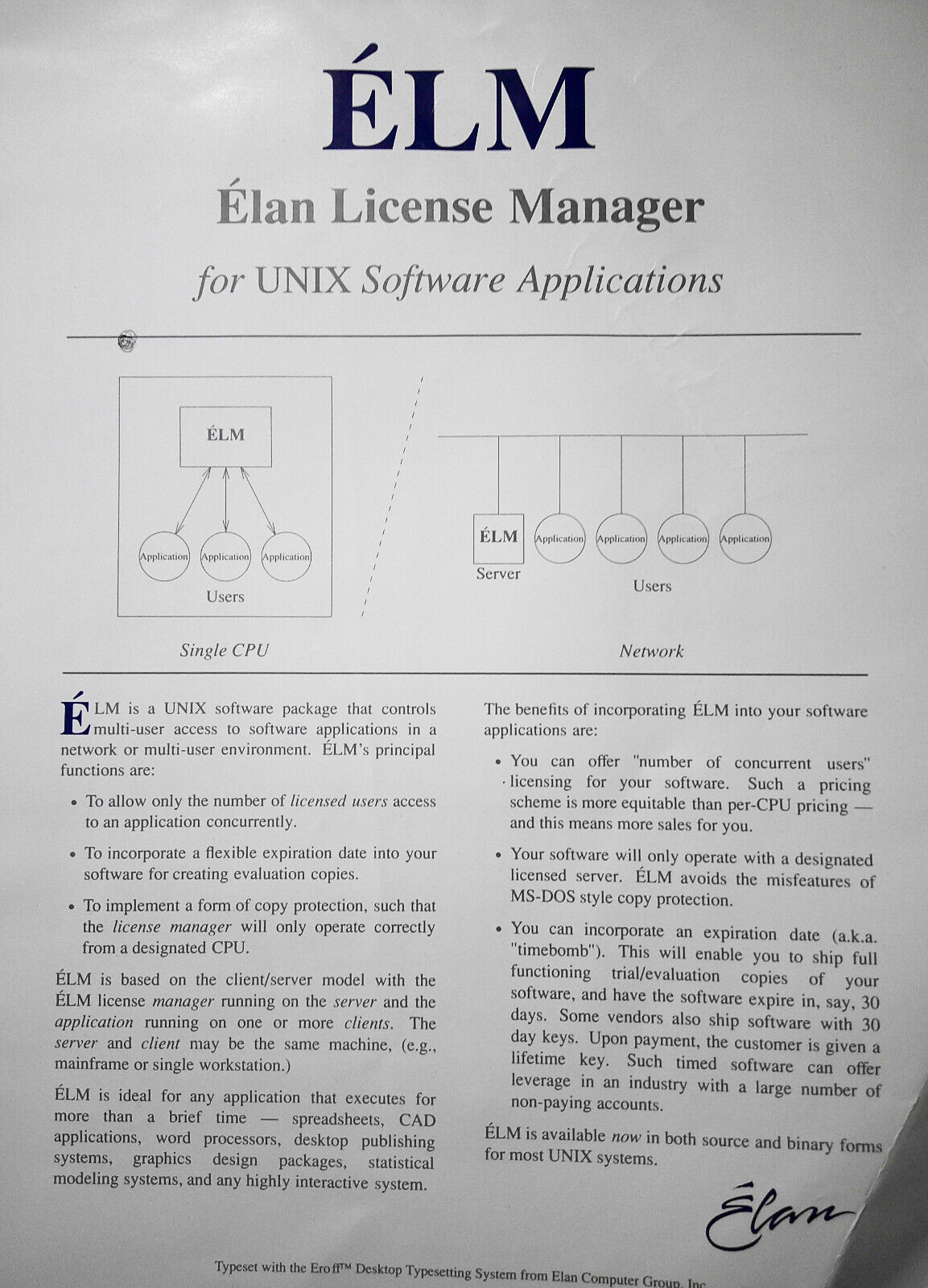 Eroff, by Elan Computer Group. 1989 UNIX Typesetting system Descriptive brochure