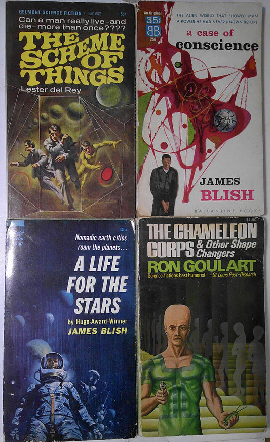 4 vintage science fiction paperbacks: James Blish, Ron Goulart, Lester del Rey