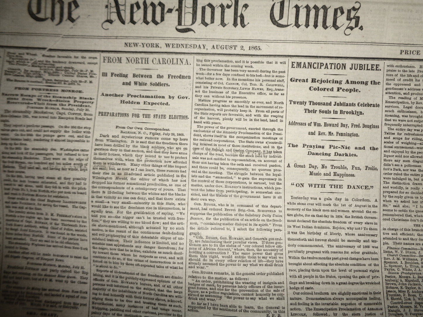 THE NEW YORK TIMES. AUG 2, 1865 - EMANCIPATION JUBILEE IN BROOKLYN; FREEDMEN ...