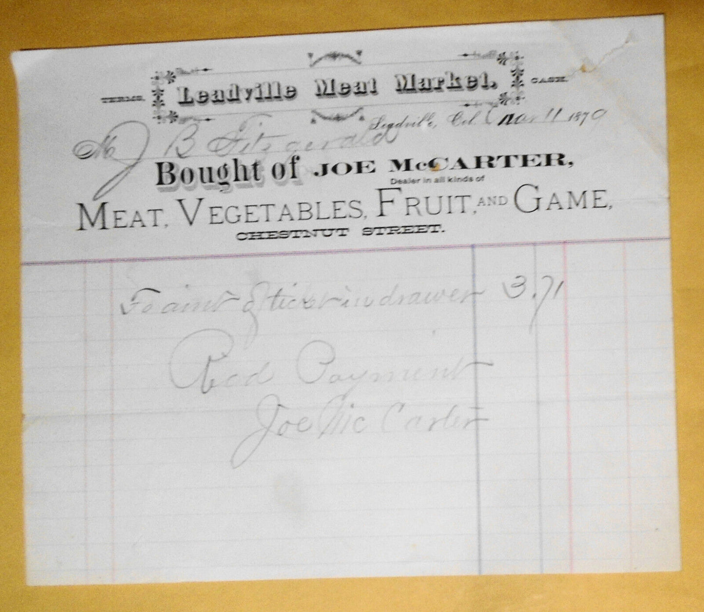 1879 Leadville Colorado Meat Market Billhead receipt - bought of Joe McCarter
