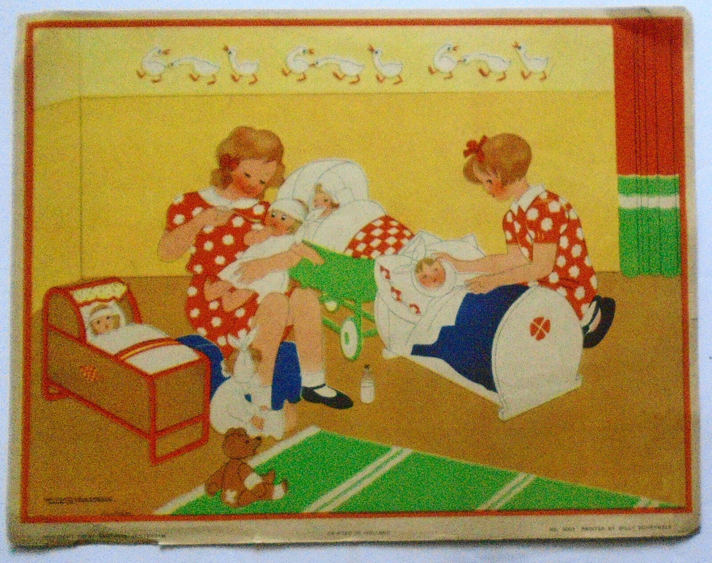 Two young girls with sick dollies, by Willy Schermele