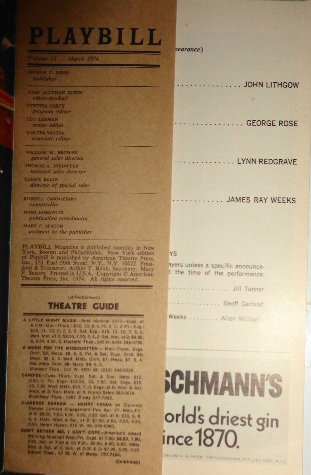 MY FAT FRIEND - PLAYBILL - OPENING NIGHT, MARCH 31, 1974. LYNN REDGRAVE