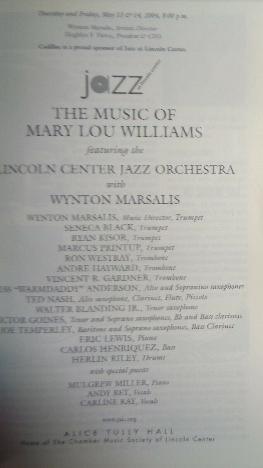 MUSIC OF MARY LOU WILLIAMS, PLAYBILL 2004 Jazz at Lincoln Center Wynton Marsalis