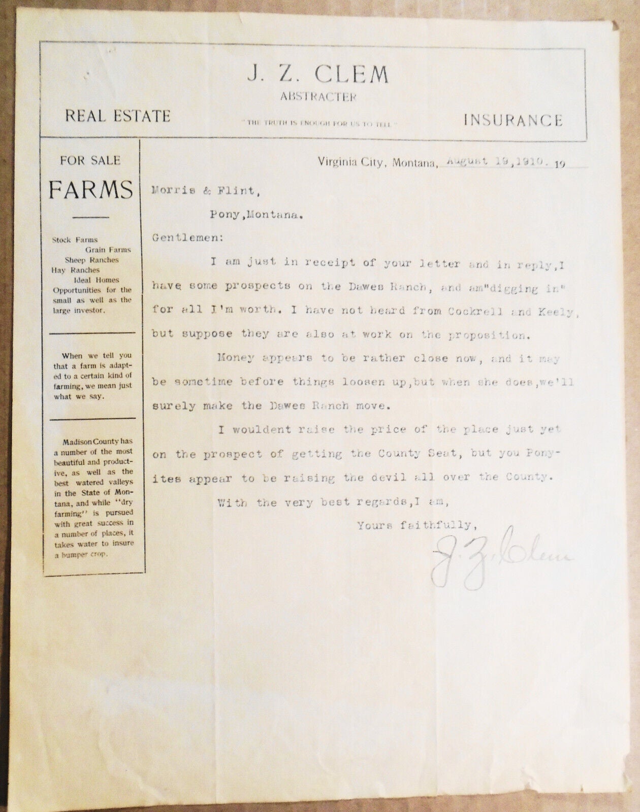 1919 J. Z. Clem Abstracter, Virginia City Montana Letter. Real Estate; Insurance