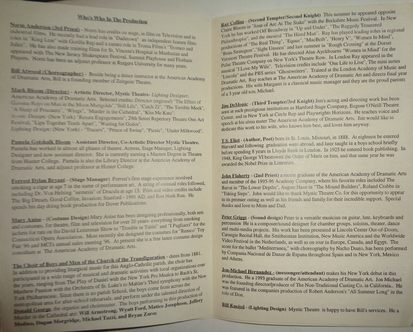 MURDER IN THE CATHEDRAL - Program - 1996 Church Of The Transfiguration, New York