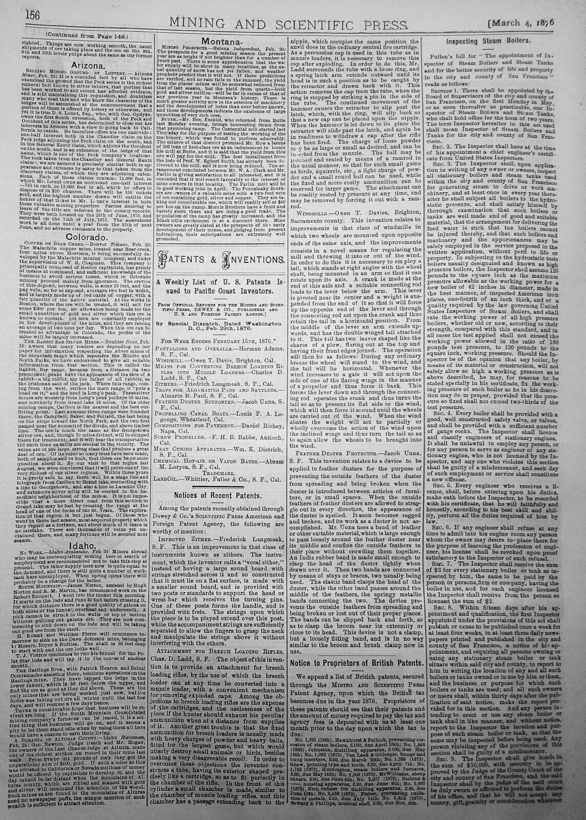 Mining and Scientific Press, March 4, 1876. Bonanza Mines; Bigelow Engine; etc