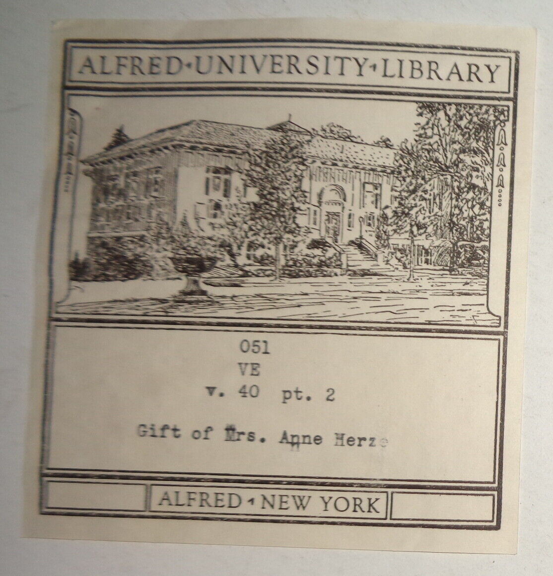 Alfred University Library Bookplate - by the Roycrofters
