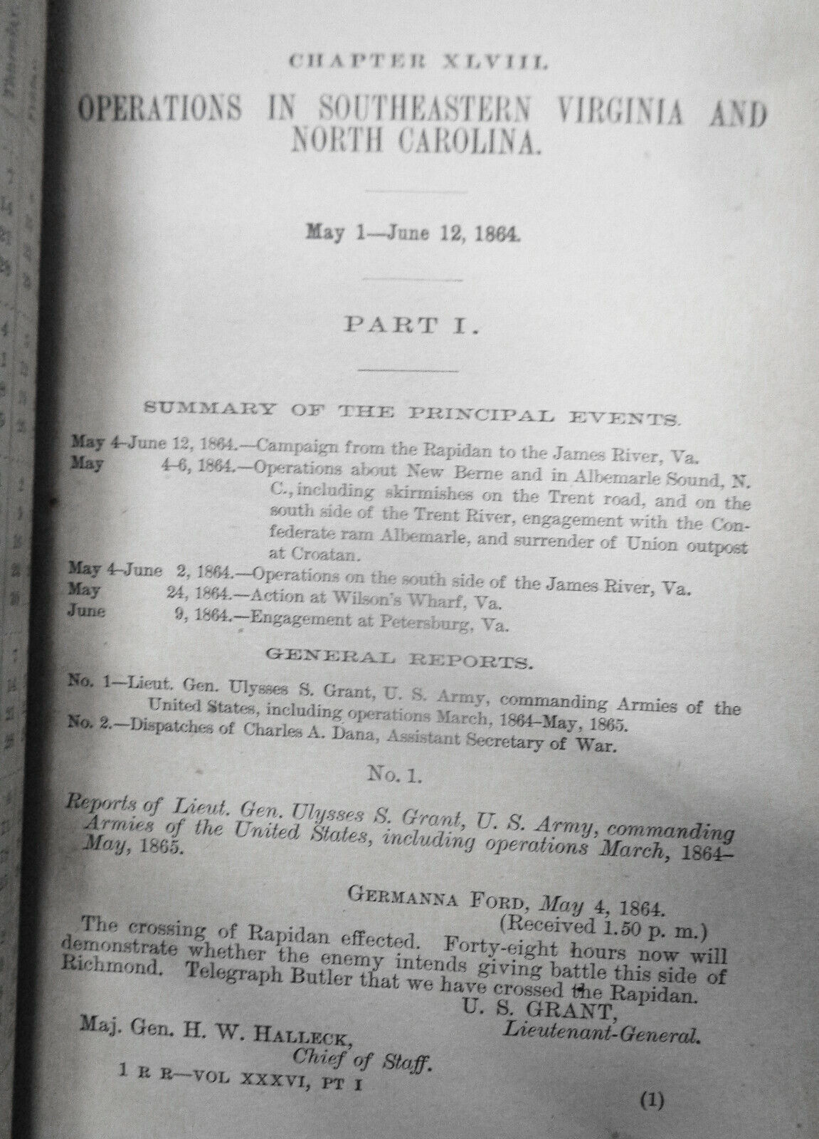 1891 The War of Rebellion - Ser 1, Vol 36 Part 1, Reports - Oper. in SE VA & NC