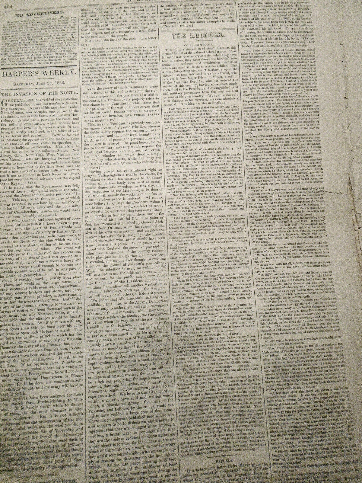 Harper's Weekly June 27, 1863 - Civil War reports / Map of Theatre of Operations