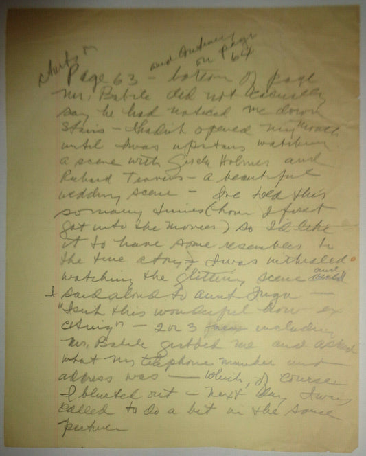 Maureen Stapleton - Handwritten manuscript page on how she first got into movies