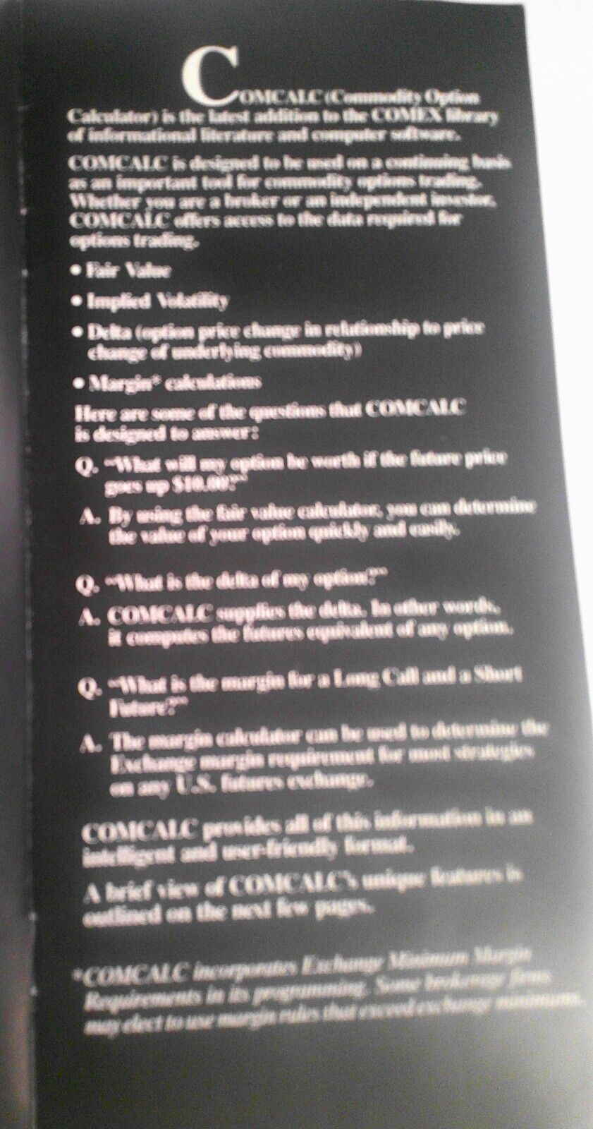 Comex COMCALC software brochure [1987] - Commodity Options Calculator for IBM PC