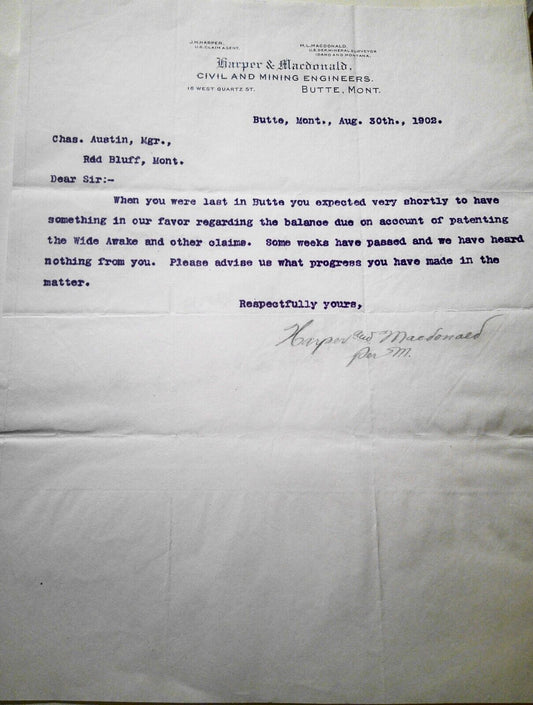 1902 Harper & MacDonald, Civil and Mining Engineers, Butte MT - Dunning Letter