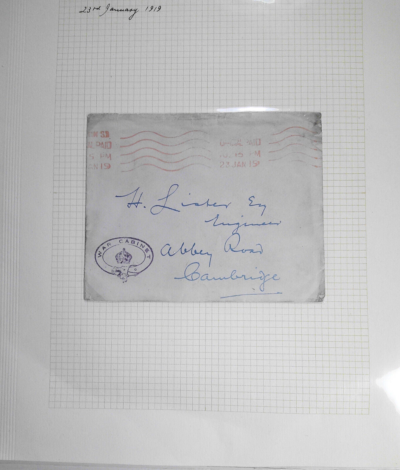 1919 UK War cabinet postal cover with embossed seal on verso