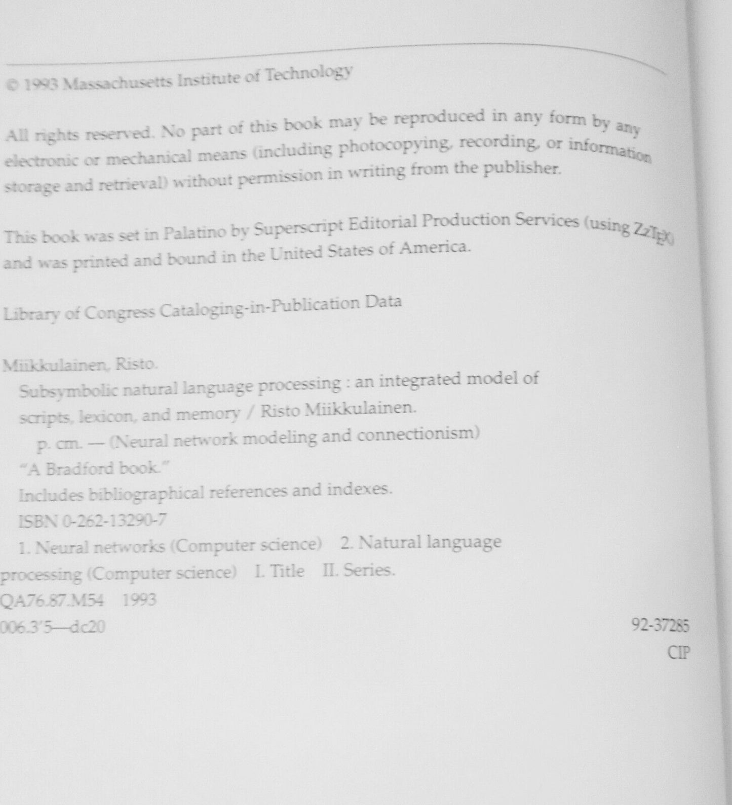 [Neural networks] Subsymbolic Natural Language Processing, by Risto Miikkulainen