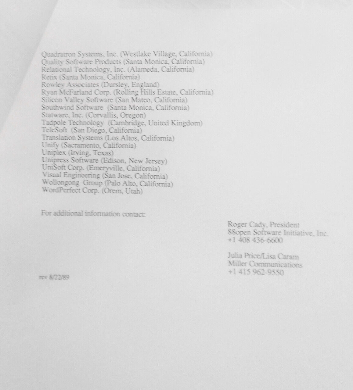 88open Consortium Membership Application, 1989. [Motorola 88000 RISC computers]