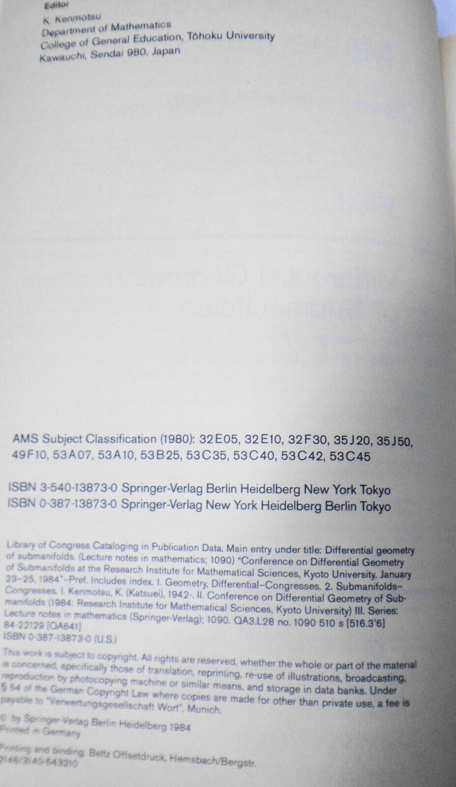 Lecture Notes in Mathematics Ser.: Differential Geometry of Submanifolds : 1984