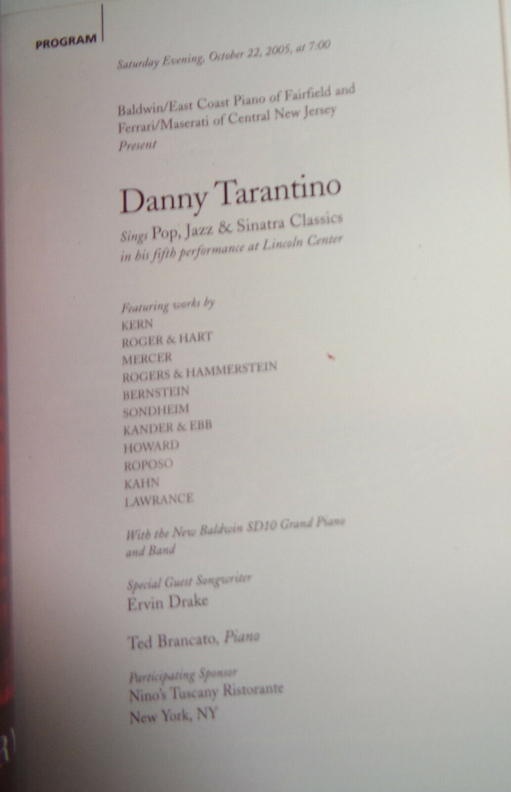 "DANNY TARANTINO" SINGS POP, JAZZ & SINATRA CLASSICS - PLAYBILL  2005