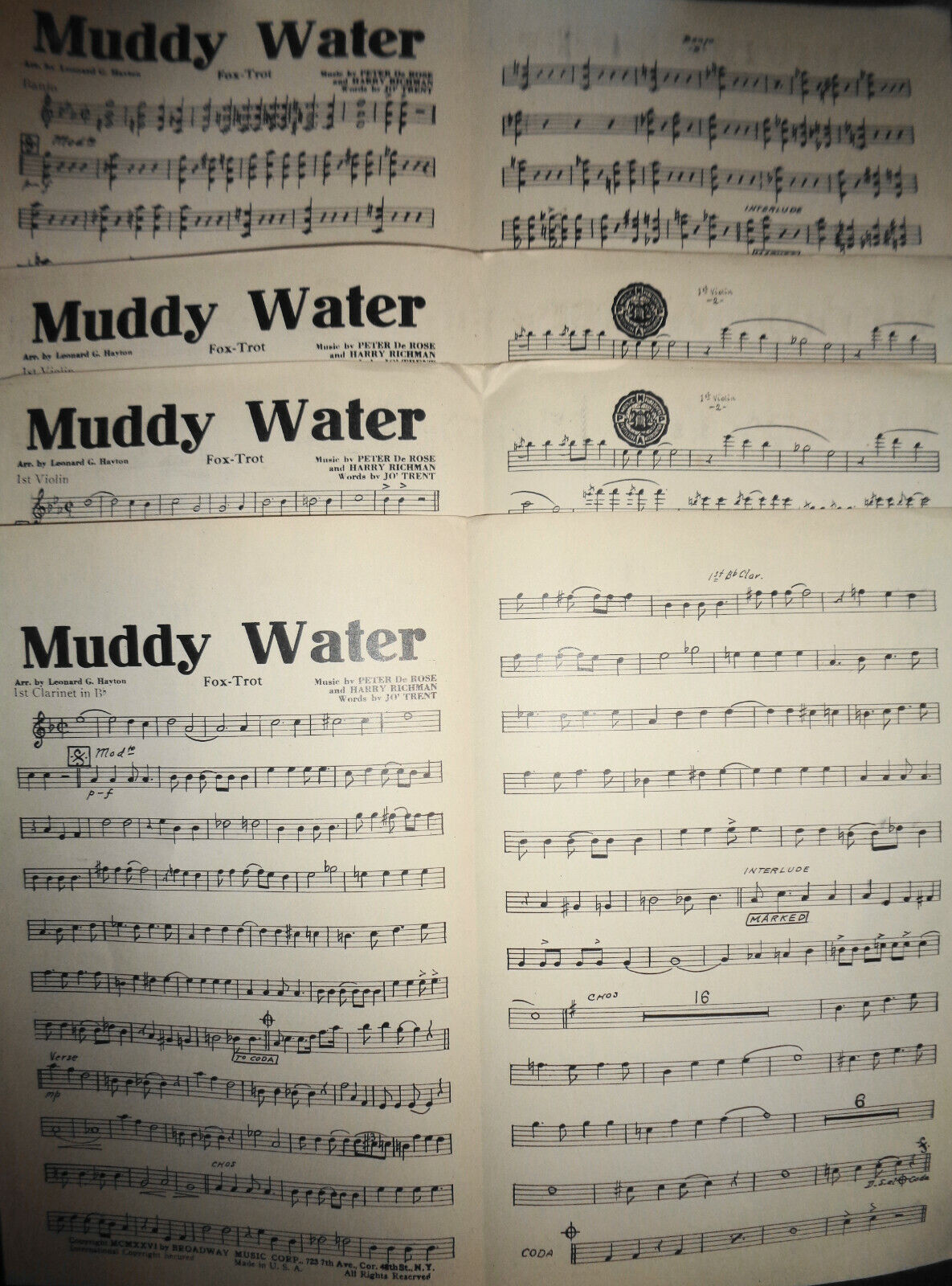 MUDDY WATER - A MISSISSIPPI MOAN, BY PETER DE ROSE, 1926, FOR ORCHESTRA