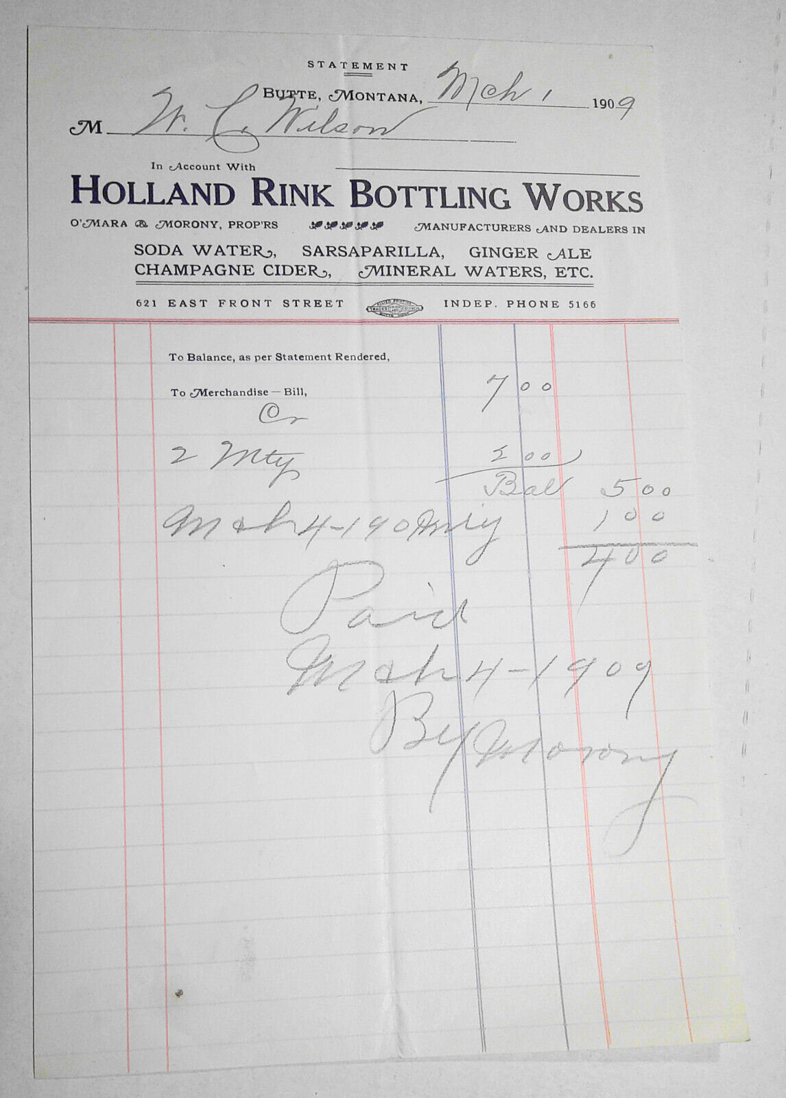 1909 Holland Rink Bottling Works Butte Montana - Billhead - for merchandise