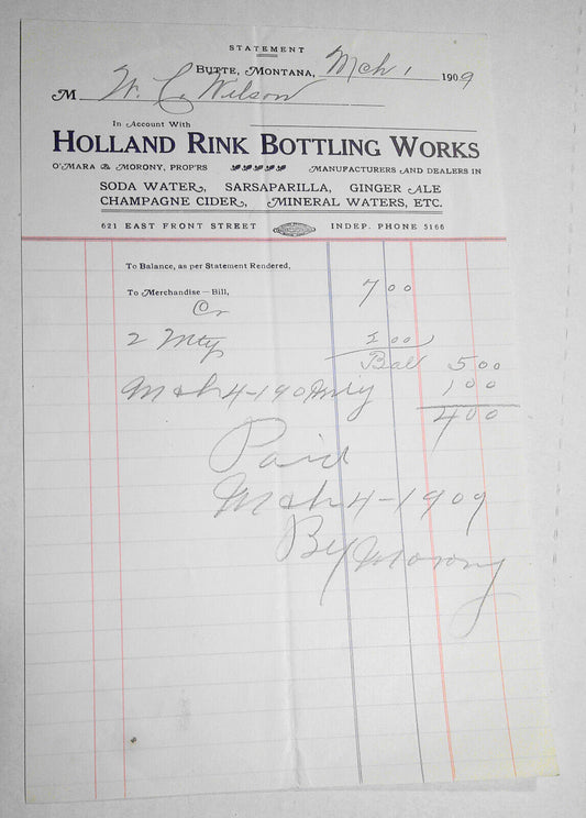 1909 Holland Rink Bottling Works Butte Montana - Billhead - for merchandise