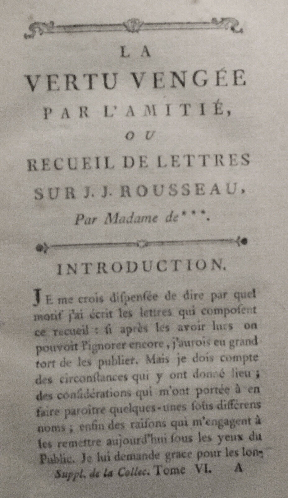 1782 Supplement Collection Des Oeuvres De Jean Jacques Rousseau, Tome Sixieme