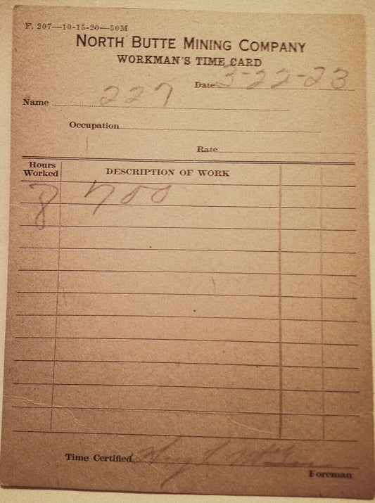 1923 North Butte Mining Company Workman's Time Card