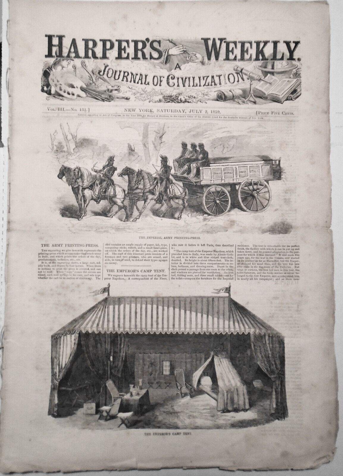 Harper's Weekly July 2, 1859  - Napoleon Visits Wounded; Eugenie Presiding, etc.