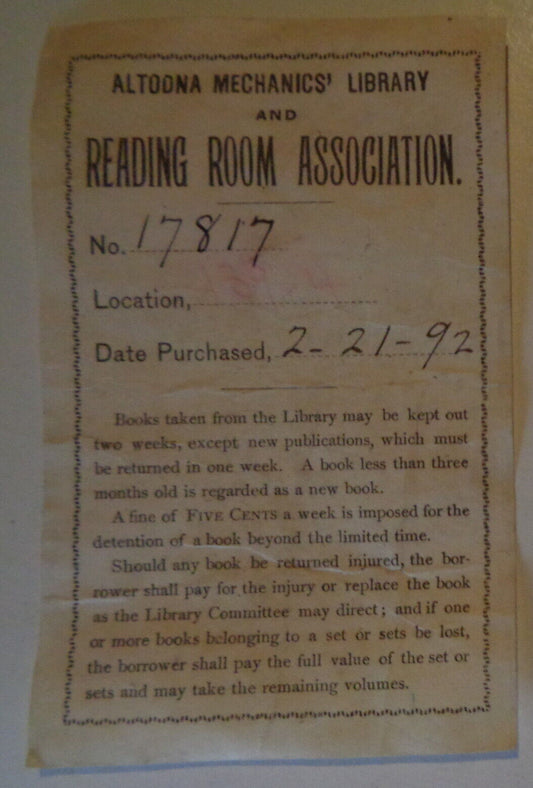 Altoona Mechanics' Library Ex Libris bookplate - 1892