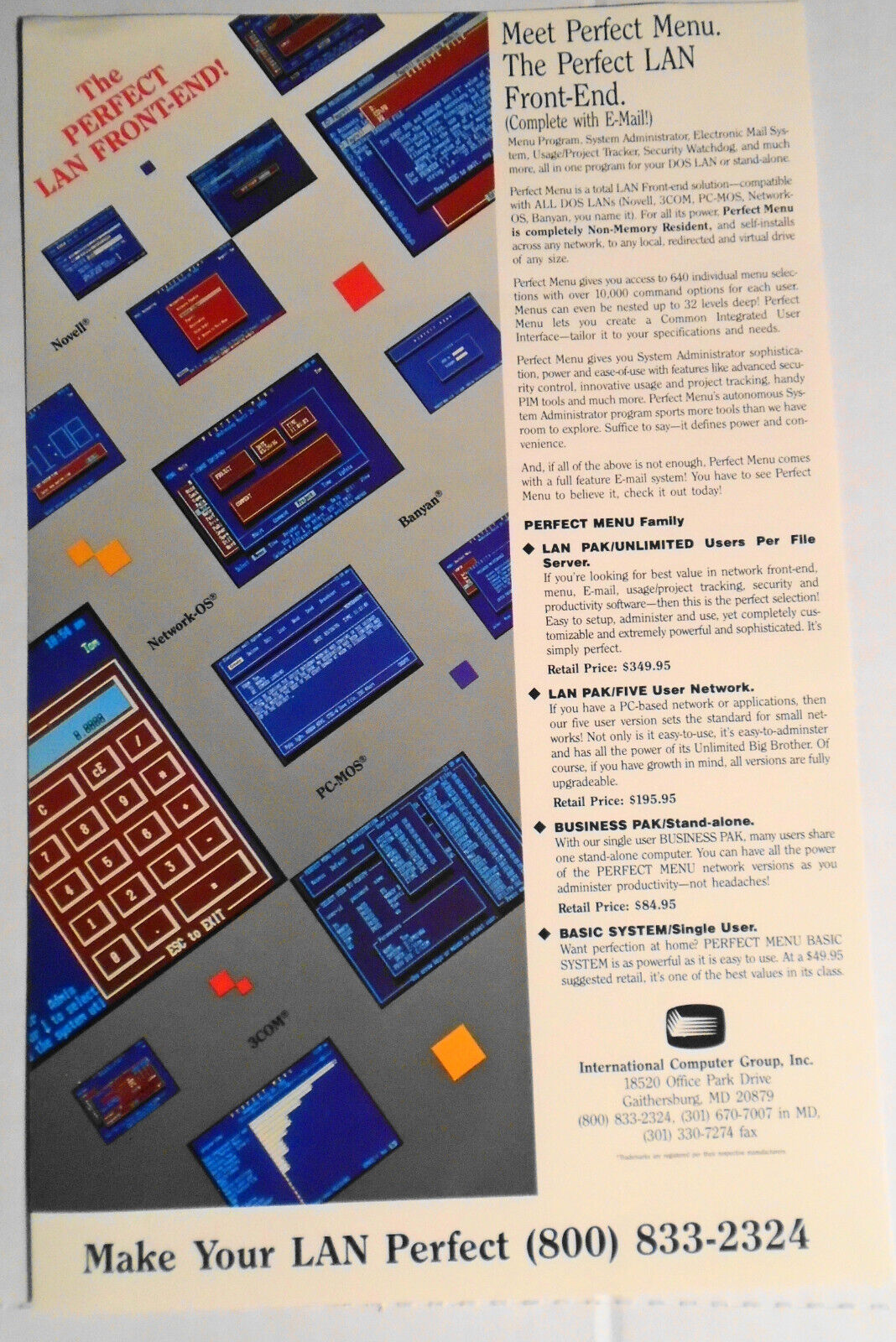Perfect Menu - LAN Front-End Menu Program (with e-mail). IBM 5 1/4" Demo Program