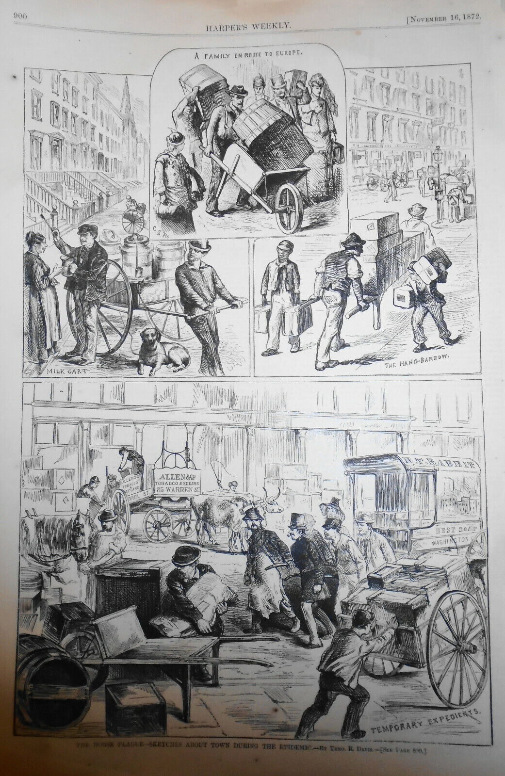 The Horse Plague - Harper's Weekly 1872, Story Plus Full Page, With 4 Prints