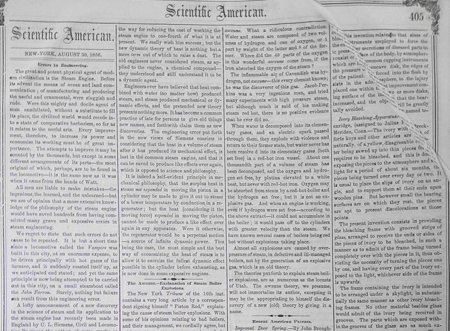 Scientific American, August 30, 1856. Michael Faraday on Silvering Glass; etc