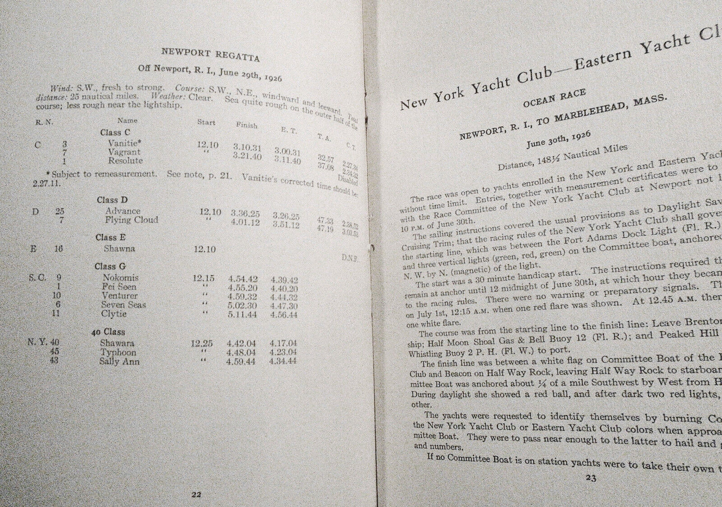 New York Yacht Club, Report of the Race Committee for the Year 1926