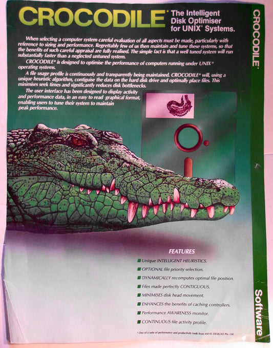 Crocodile - The Intelligent Disk Optimizer for UNIX Systems - Promo flyer, 1980s