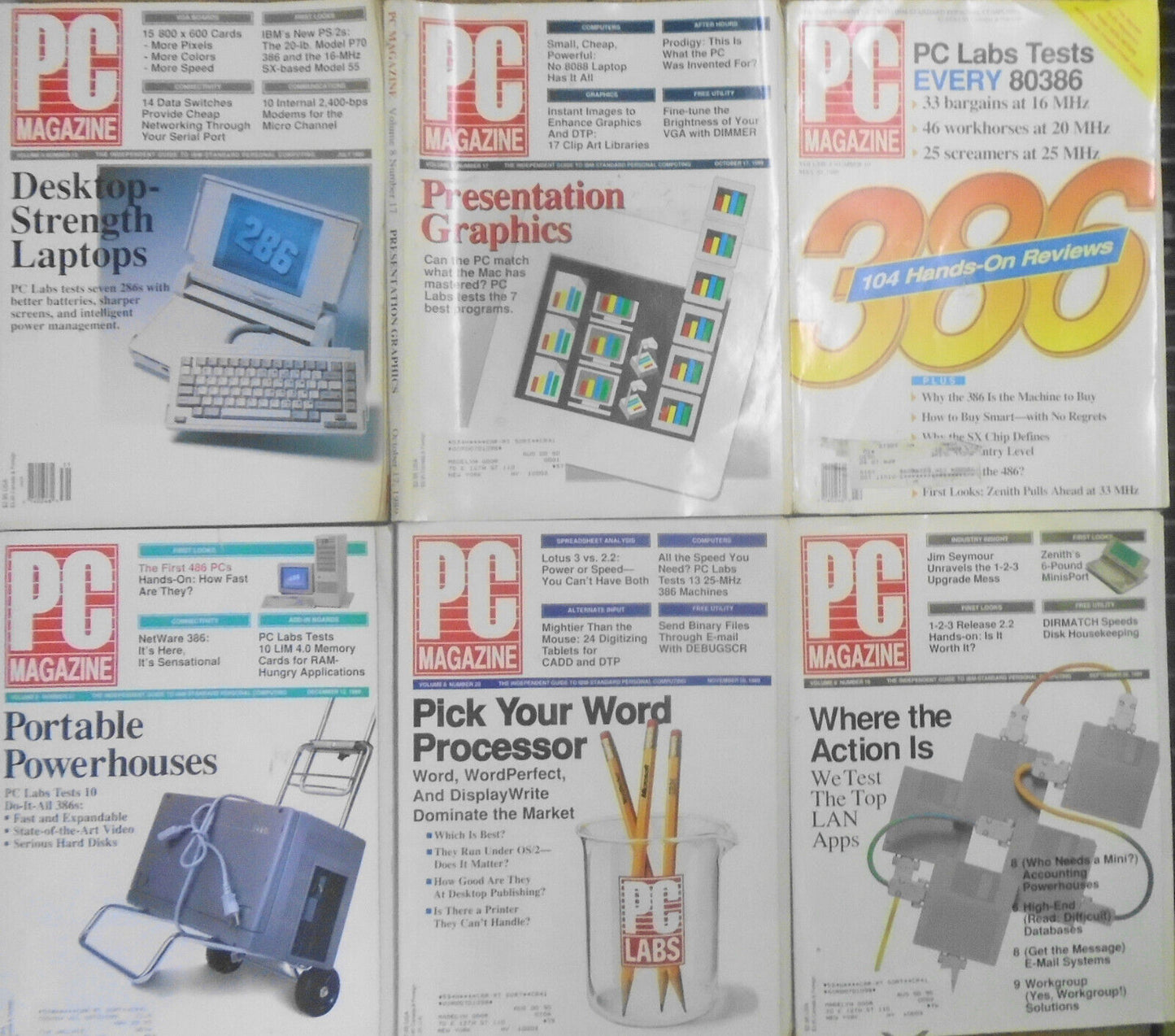 PC Magazine - 6 issues lot, 1989 - Laptops, Presentation Graphics, LANs, 386s