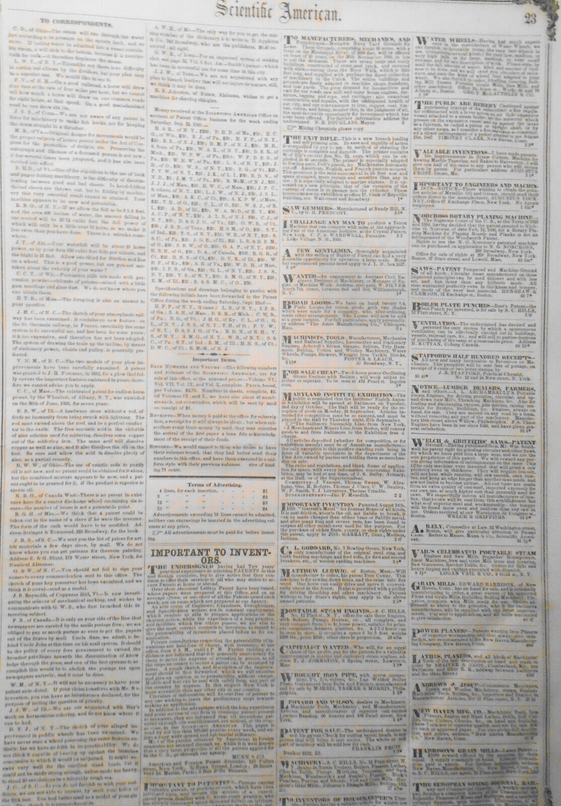 Scientific American September 29, 1855. Telegraph history; windlasses, windmills