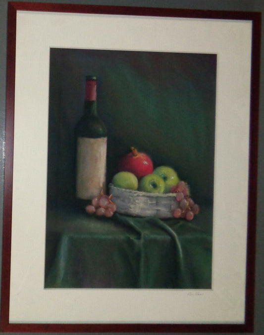 Bo Kass : Fruit Basket with Bottle Pastel  - Signed original drawing, framed