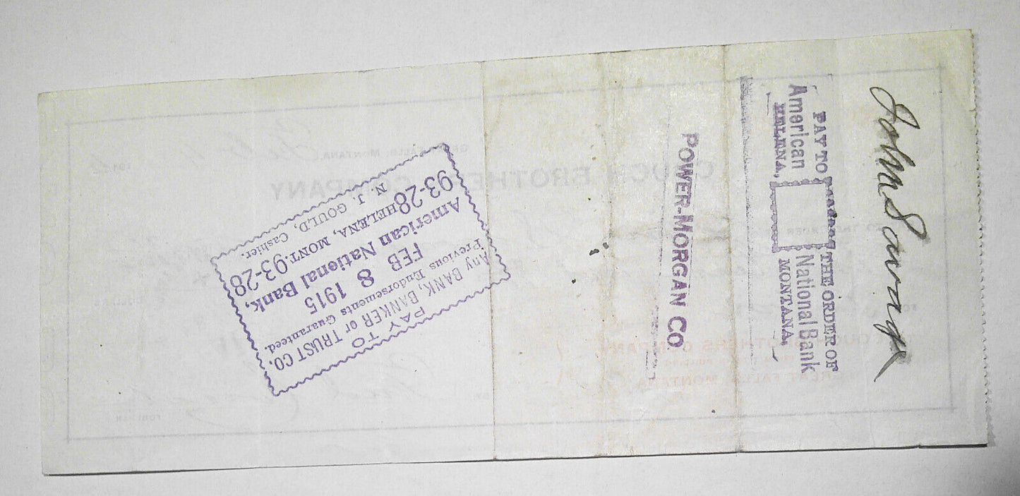 1915 - 2 checks of Couch Brothers Company, Great Falls, Montana.