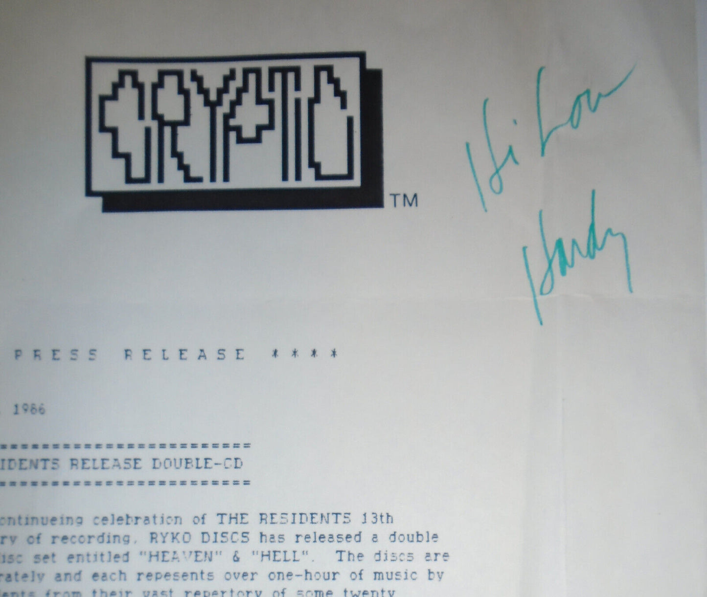 Hardy Fox SIGNED press release 1986 -  Residents co-founder - "Godfather Of Odd"