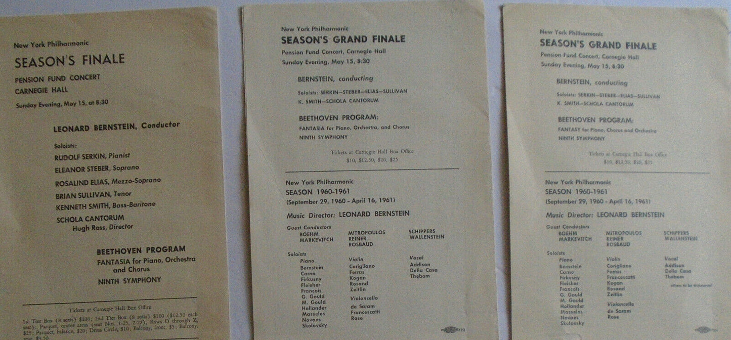 Leonard Bernstein, 3 Programs NY Philharmonic Carnegie Hall 1960 Spring Festival