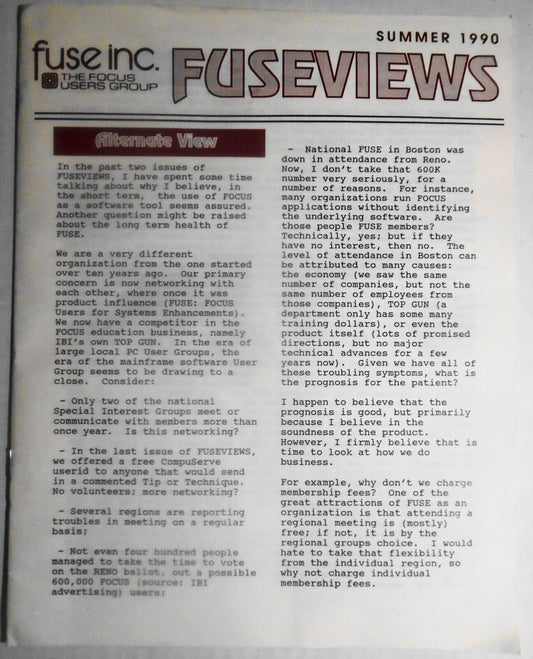 Fuseviews, Summer 1990. Focus Users Group publication by Fuse Inc.