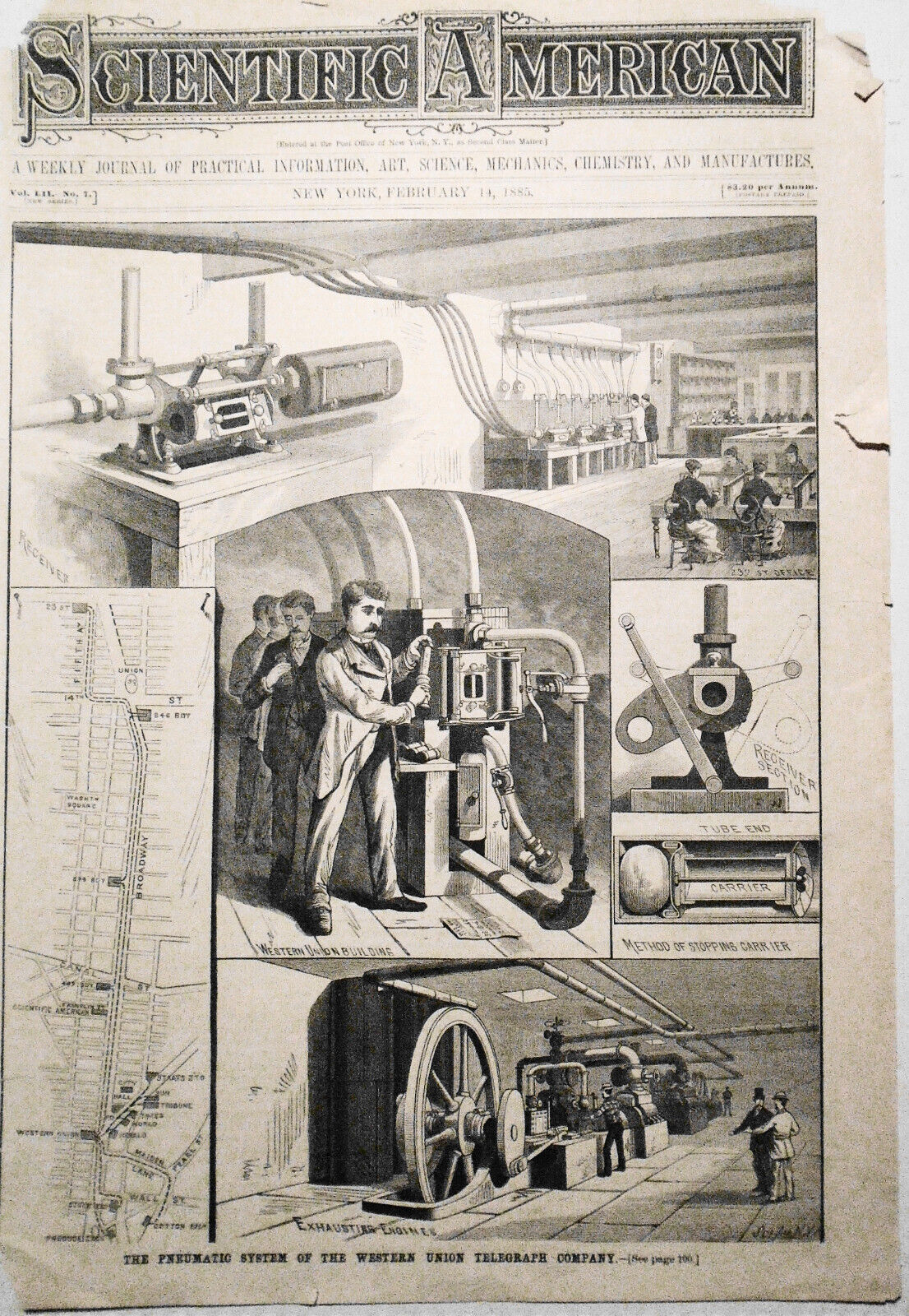 1885  Pneumatic System Of Western Union Telegraph Company -- Scientific American