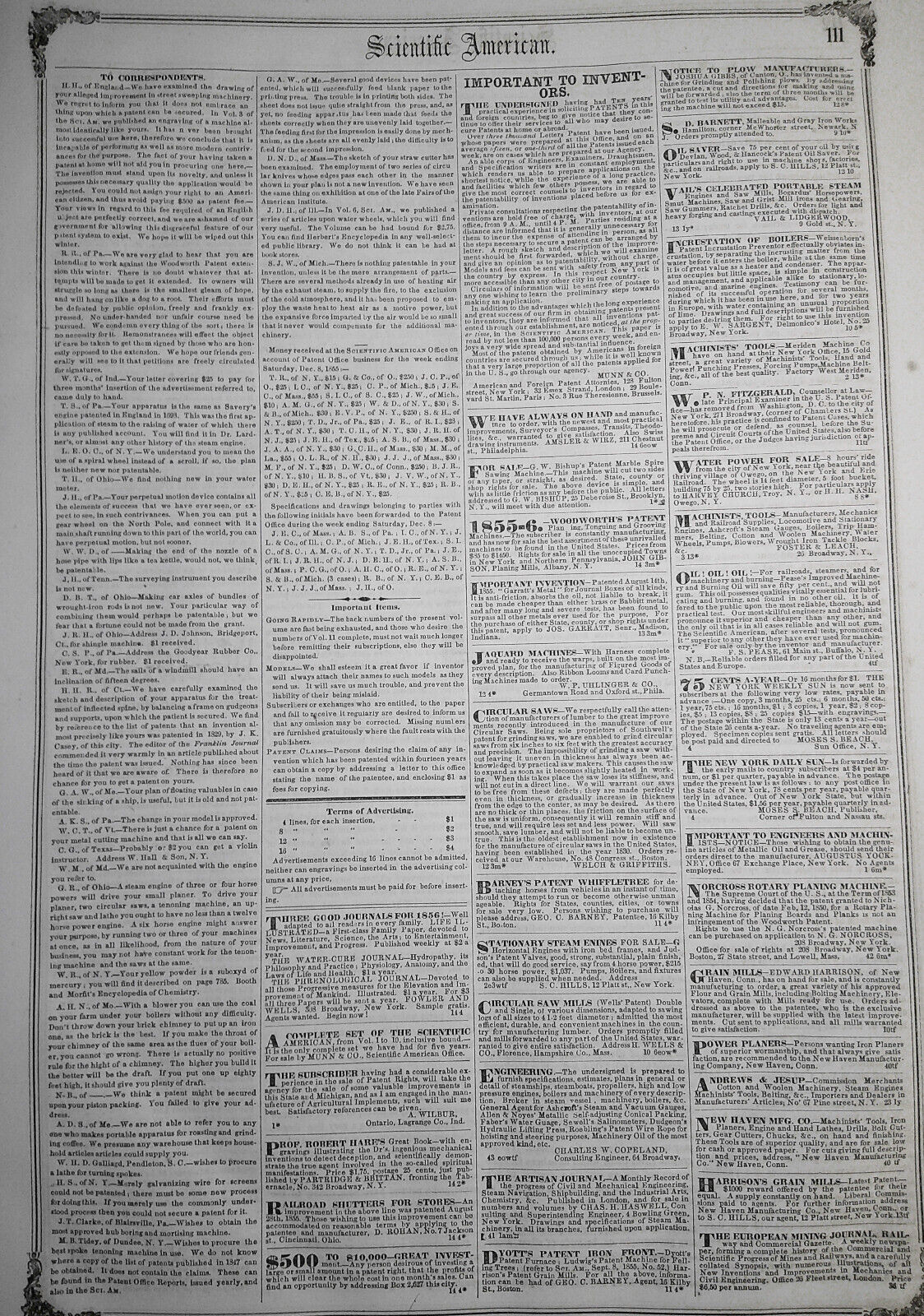 Scientific American, December 15, 1855. Drilling and Boring Machine, etc