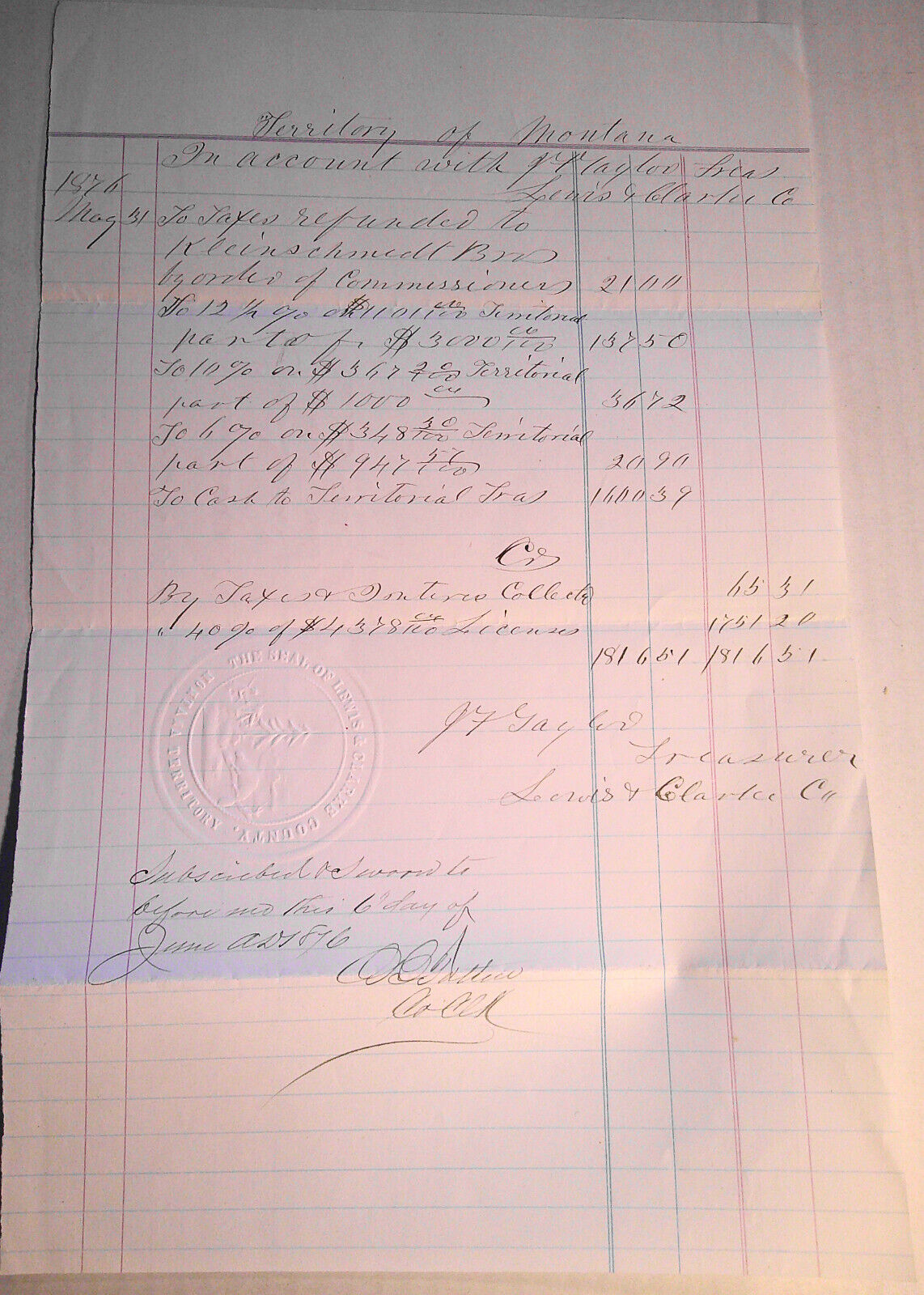 1876 Report to Territorial Treasurer, Lewis and Clarke County Montana, with seal