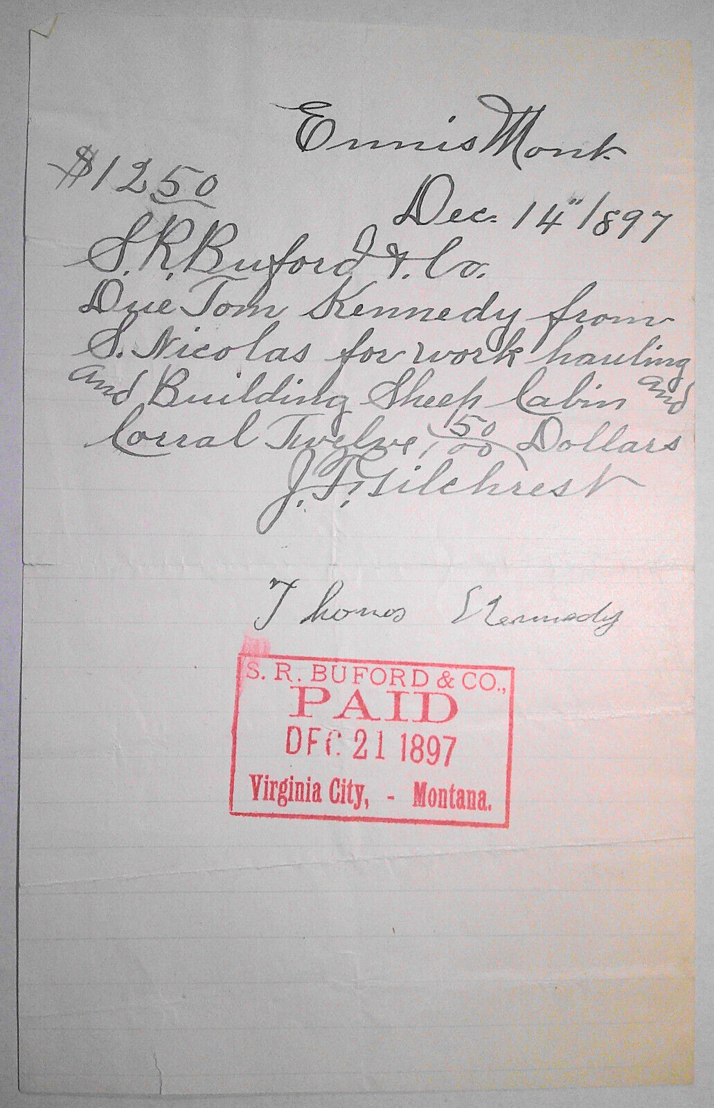 1897 Receipt from S. R. Buford & Co., Virginia City, to Thomas Kennedy for labor