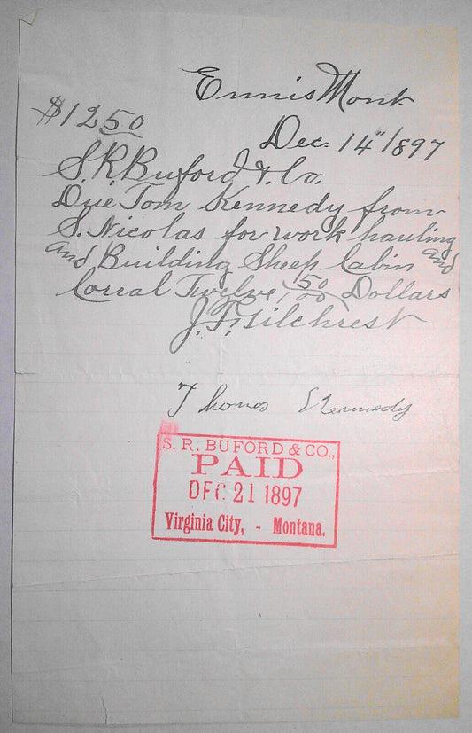 1897 Receipt from S. R. Buford & Co., Virginia City, to Thomas Kennedy for labor